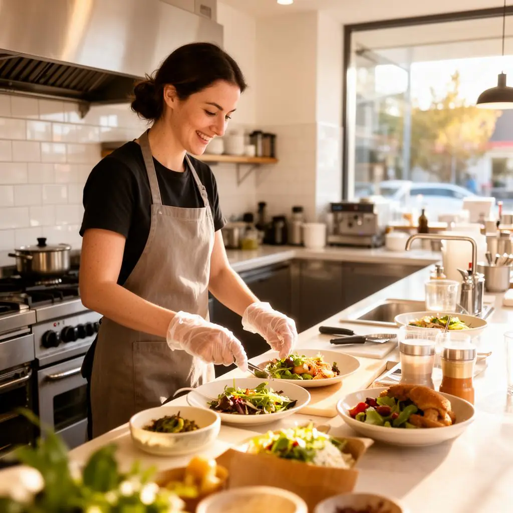 Australian café worker preparing food safely with gloves in a clean kitchen